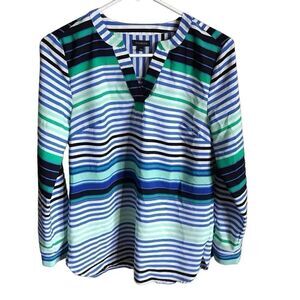 Talbots long tab sleeve blue green striped blouse top tunic size XS
